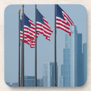 Illinois, Chicago. Navy Pier, US flags flying Coaster