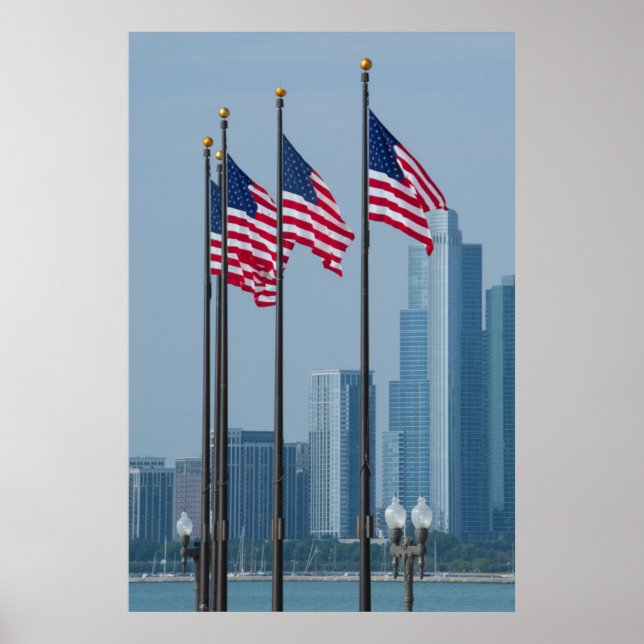 Illinois, Chicago. Navy Pier, US flags flying Poster (Front)