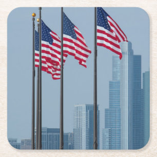 Illinois, Chicago. Navy Pier, US flags flying Square Paper Coaster