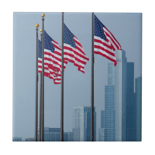 Illinois, Chicago. Navy Pier, US flags flying Tile (Front)