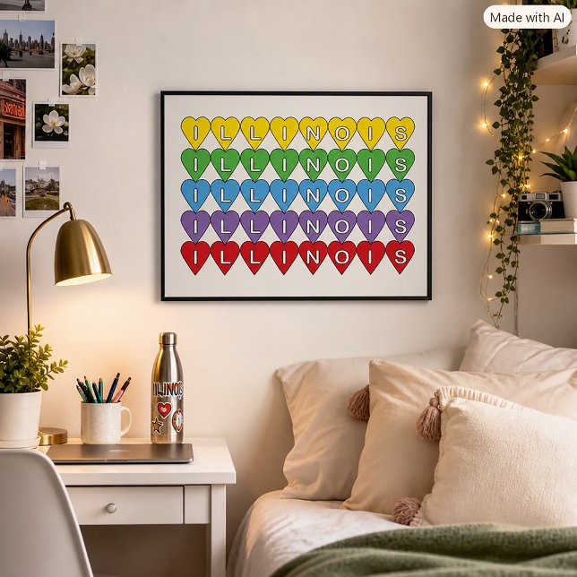 Illinois Heart Pattern Colourful State Pride Desig Poster (A poster that says Illinois in a colorful rainbow heart pattern.)