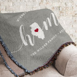 Illinois Home State Personalised Rustic Throw Blanket<br><div class="desc">Show some home state pride with this cute rustic grey throw blanket featuring "home" in white calligraphy script lettering with a silhouette map of the state of Illinois standing in for the letter "O." A pink heart illustration inside the state map completes the design; you can change the position of...</div>