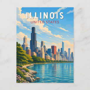 Illinois Illustration Travel Art Vintage Postcard