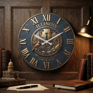 Illinois Land of Lincoln State Symbols and Skyline Large Clock
