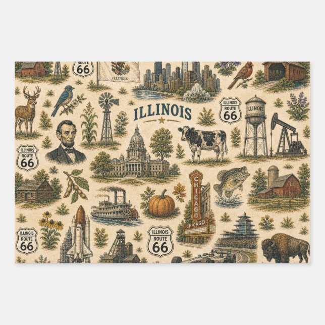 Illinois Route 66 Skyline Gift Wrapping Paper Sheet (Front)