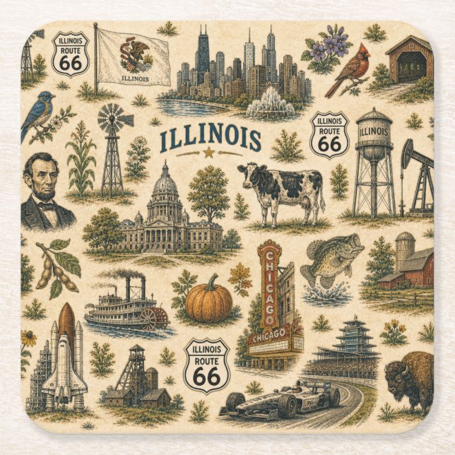 Illinois Route 66 Skyline Sips   Square Paper Coaster (Front)