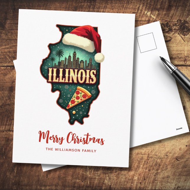 Illinois State Map Christmas Holiday Postcard (Add family name & greeting to personalize.  Other items available with this design)
