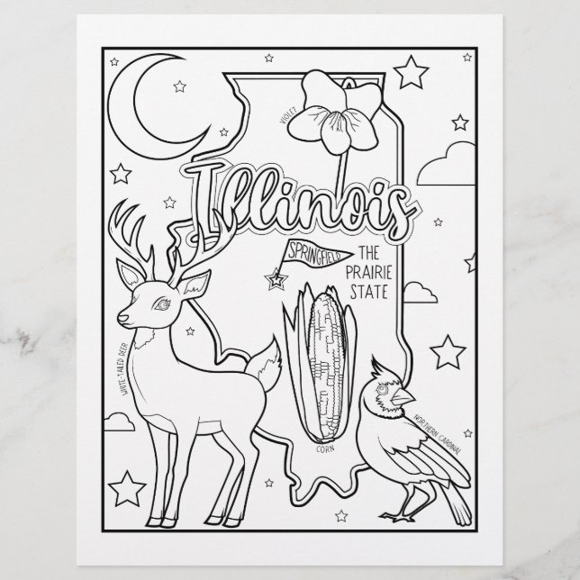 illinois state shape and facts colouring page (Front)