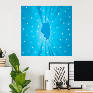 Illinois State Silhouette Blue Starburst Poster