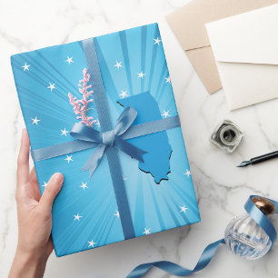 Illinois State Silhouette Blue Starburst Wrapping Paper