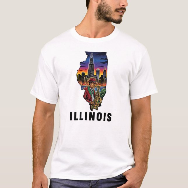 Illinois State Tattoo Style Skyline Jazz Saxophone T-Shirt (Front)