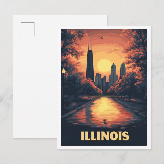 Illinois USA Art Vintage Illustration Travel Postcard (Front/Back)