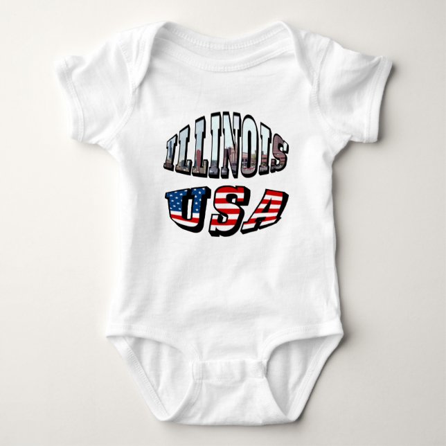 Illinois USA Flag & State Photo Text Baby Bodysuit (Front)