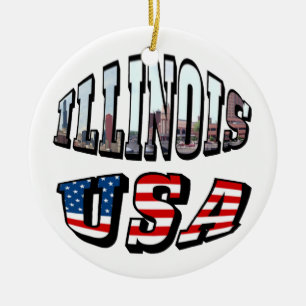 Illinois USA Flag & State Photo Text Ceramic Tree Decoration
