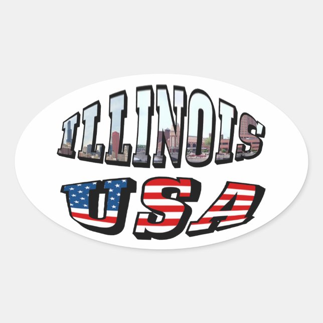 Illinois USA Flag & State Photo Text Oval Sticker (Front)