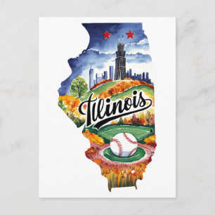 Illinois USA State Shaped Vintage Watercolor Postcard