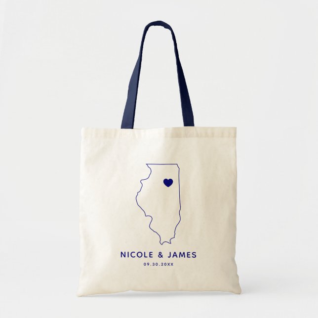 Illinois Wedding Welcome Bag Tote, Navy Map (Front)