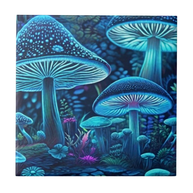 Illuminate Your Space with Magic Blue Mushrooms Ceramic Tile (Front)