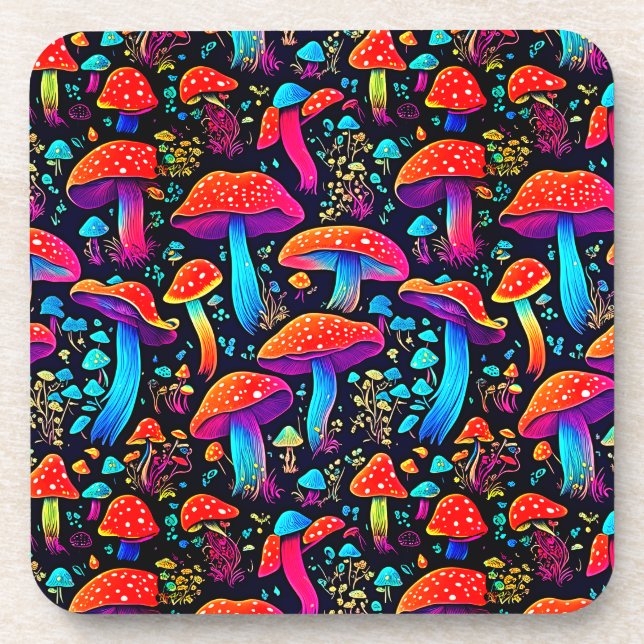 Illuminate Your Space with Retro Neon Mushrooms Coaster (Front)