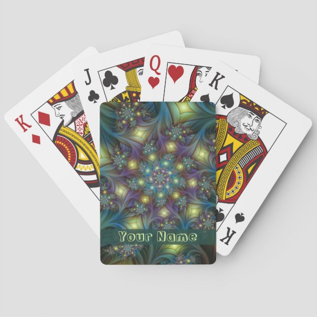 Illuminated abstract blue purple Fractal Art Name Playing Cards (Back)