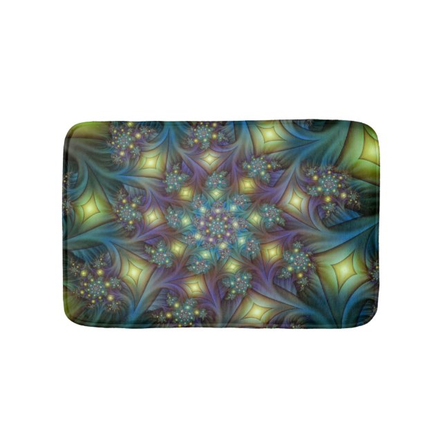 Illuminated Abstract Shiny Teal Purple Fractal Art Bath Mat (Front)