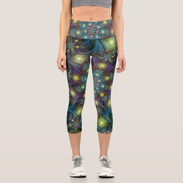 Illuminated Abstract Shiny Teal Purple Fractal Art Capri Leggings (Front)
