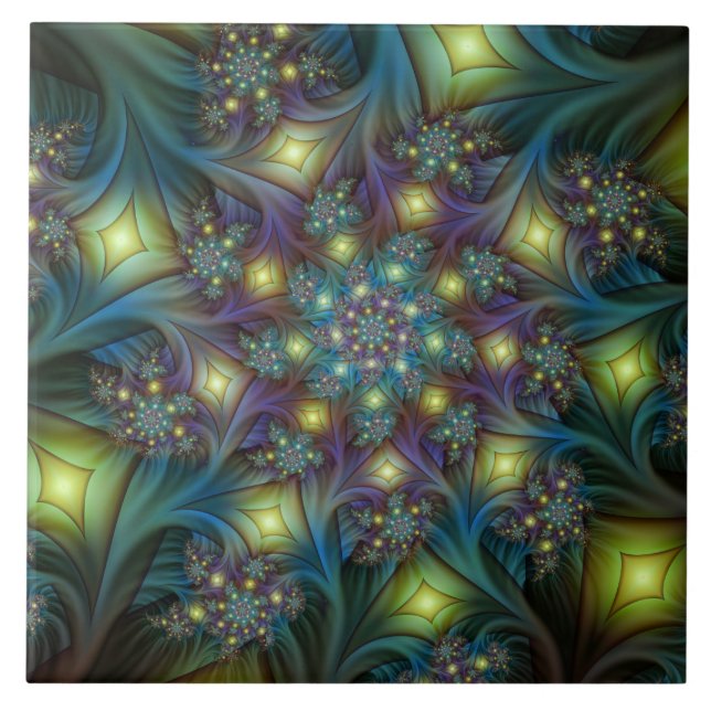 Illuminated Abstract Shiny Teal Purple Fractal Art Ceramic Tile (Front)