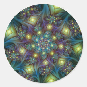 Illuminated Abstract Shiny Teal Purple Fractal Art Classic Round Sticker