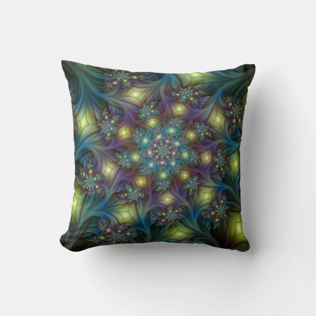 Illuminated Abstract Shiny Teal Purple Fractal Art Cushion (Front)