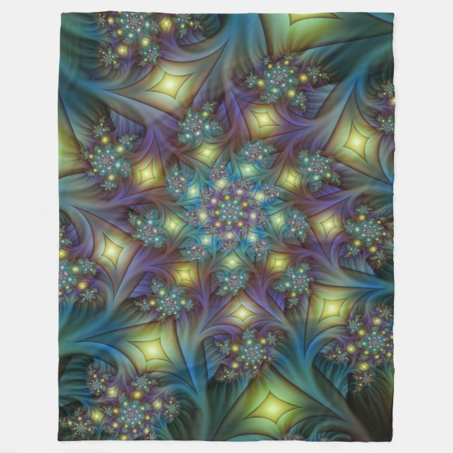 Illuminated Abstract Shiny Teal Purple Fractal Art Fleece Blanket (Front)