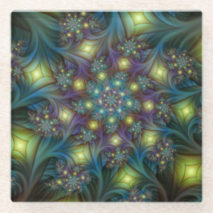 Illuminated Abstract Shiny Teal Purple Fractal Art Glass Coaster