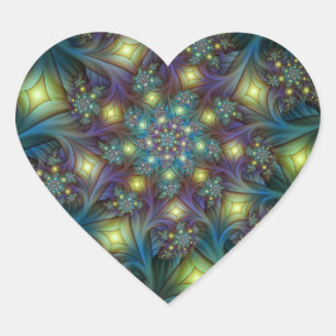 Illuminated Abstract Shiny Teal Purple Fractal Art Heart Sticker