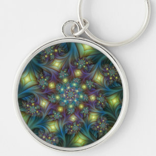 Illuminated Abstract Shiny Teal Purple Fractal Art Key Ring