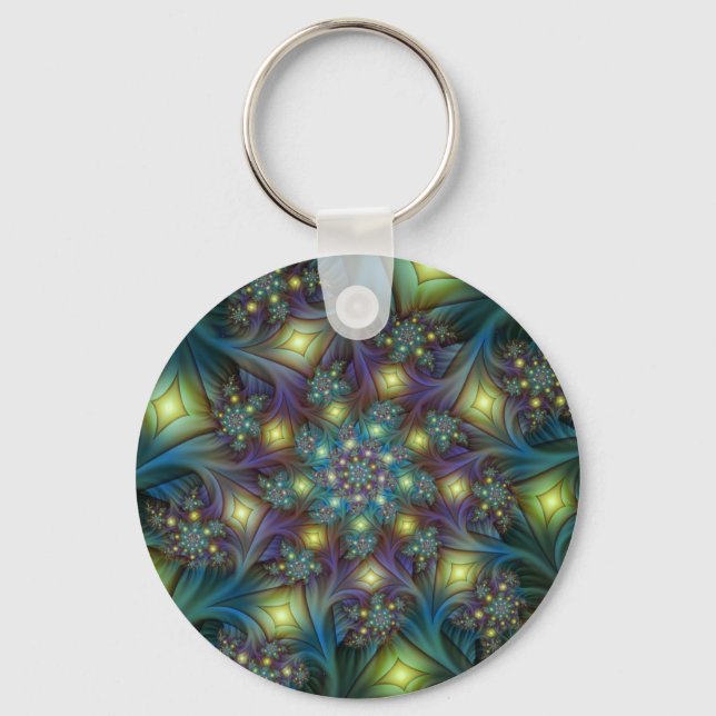 Illuminated Abstract Shiny Teal Purple Fractal Art Key Ring (Front)