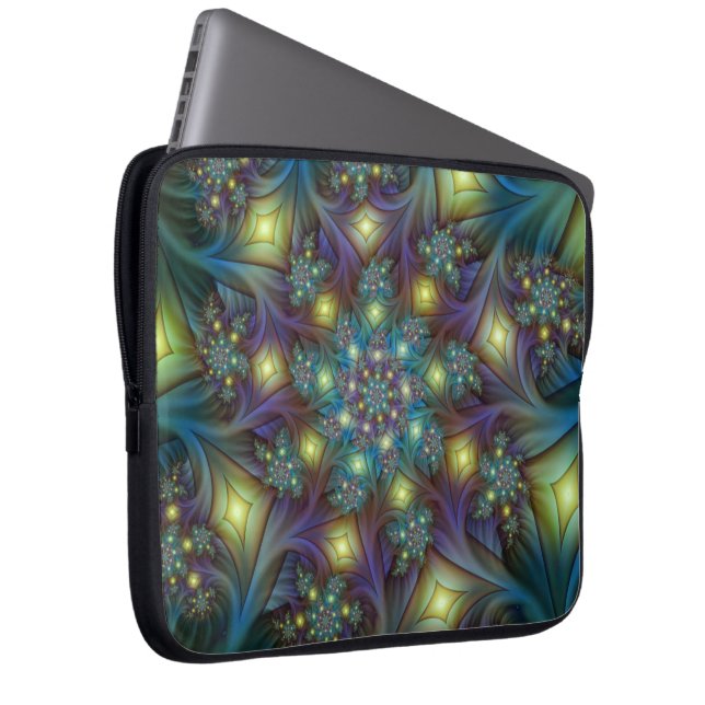 Illuminated Abstract Shiny Teal Purple Fractal Art Laptop Sleeve (Front Right)