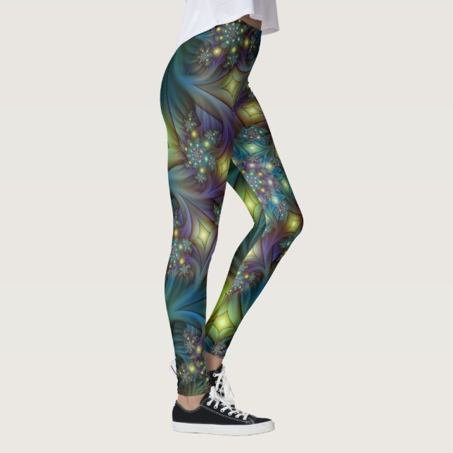 Illuminated Abstract Shiny Teal Purple Fractal Art Leggings (Right)