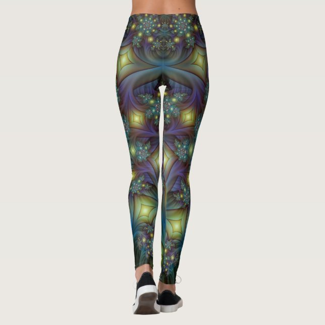 Illuminated Abstract Shiny Teal Purple Fractal Art Leggings (Back)