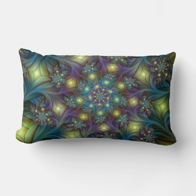 Illuminated Abstract Shiny Teal Purple Fractal Art Lumbar Cushion (Front)