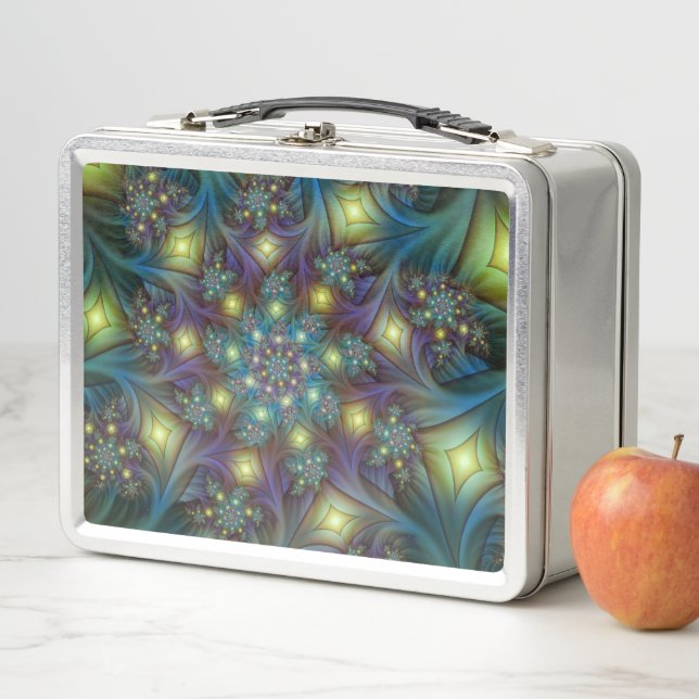Illuminated Abstract Shiny Teal Purple Fractal Art Metal Lunch Box (In Situ)