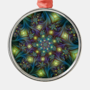 Illuminated Abstract Shiny Teal Purple Fractal Art Metal Ornament