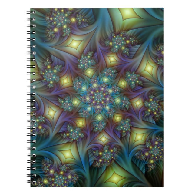 Illuminated Abstract Shiny Teal Purple Fractal Art Notebook (Front)