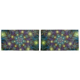 Illuminated Abstract Shiny Teal Purple Fractal Art Pillowcase