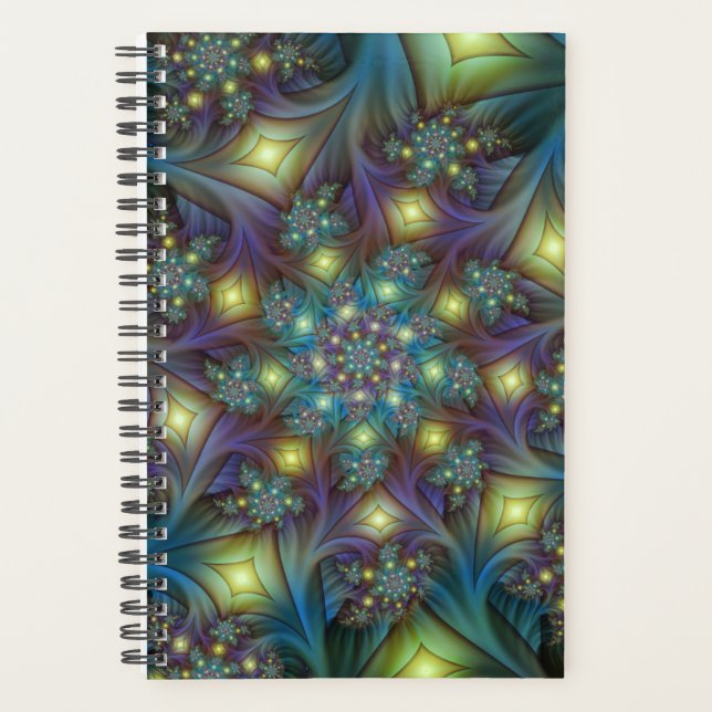 Illuminated Abstract Shiny Teal Purple Fractal Art Planner (Front)