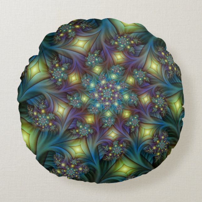 Illuminated Abstract Shiny Teal Purple Fractal Art Round Cushion (Front)