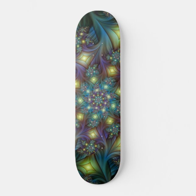 Illuminated Abstract Shiny Teal Purple Fractal Art Skateboard (Front)