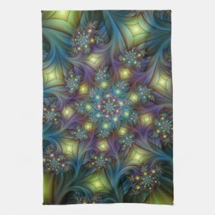 Illuminated Abstract Shiny Teal Purple Fractal Art Tea Towel