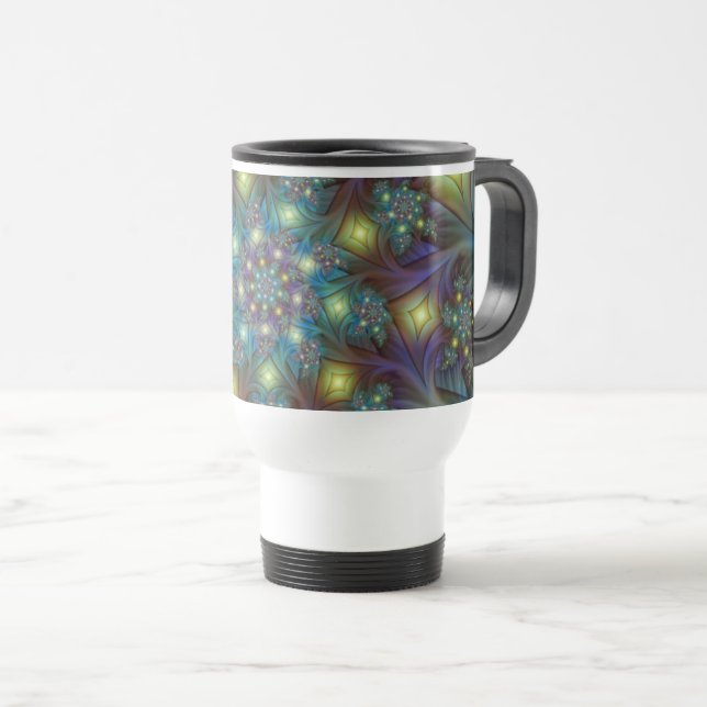 Illuminated Abstract Shiny Teal Purple Fractal Art Travel Mug (Front Right)