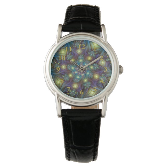 Illuminated Abstract Shiny Teal Purple Fractal Art Watch (Front)