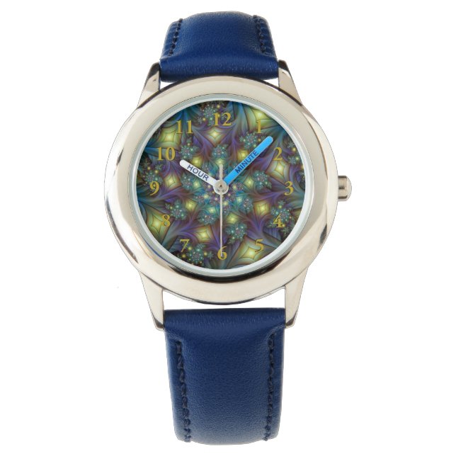 Illuminated Abstract Shiny Teal Purple Fractal Art Watch (Front)