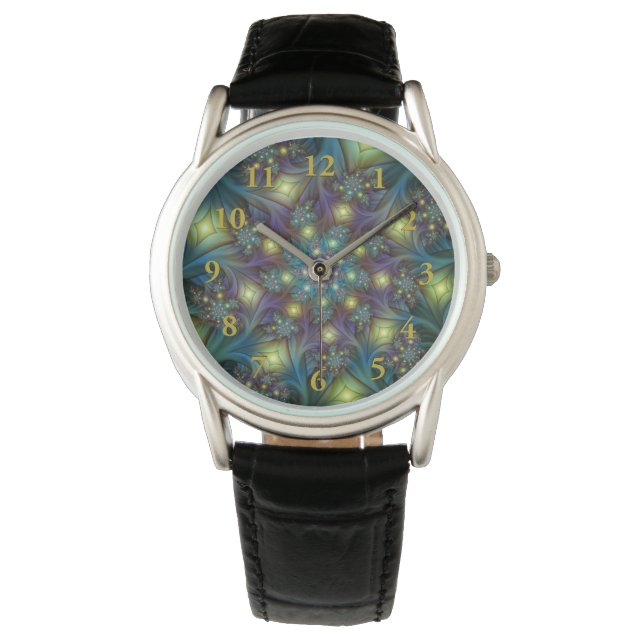 Illuminated Abstract Shiny Teal Purple Fractal Art Watch (Front)